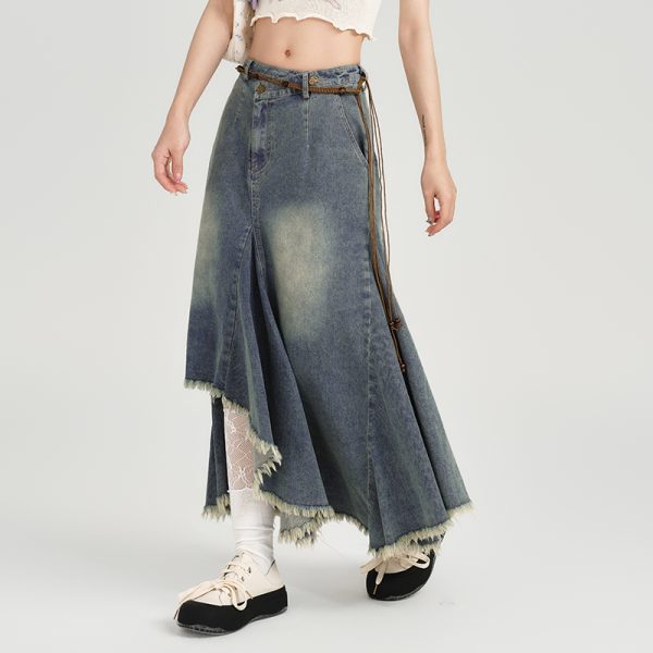 High-Waisted Slim Fit Vintage Denim Skirt for Women - Irregular Hem, Summer Style, Retro Fashion