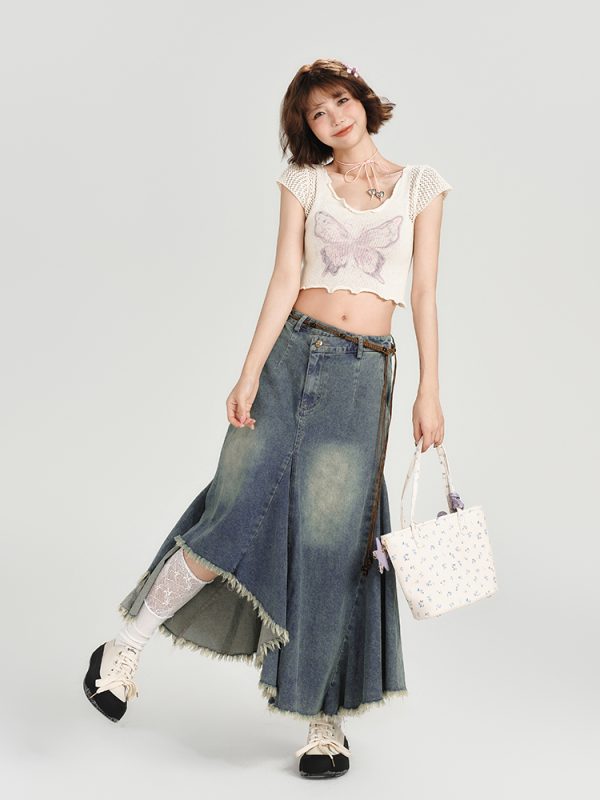 High-Waisted Slim Fit Vintage Denim Skirt for Women - Irregular Hem, Summer Style, Retro Fashion
