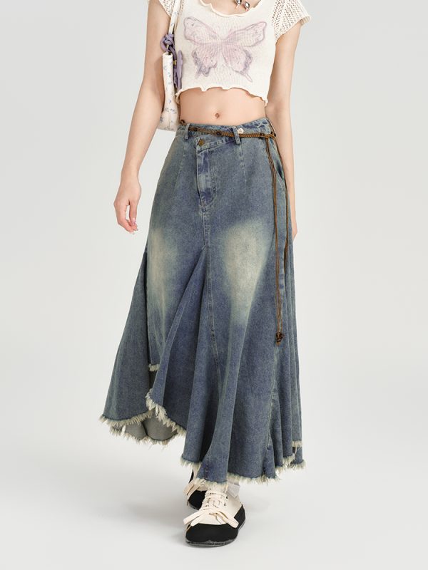 High-Waisted Slim Fit Vintage Denim Skirt for Women - Irregular Hem, Summer Style, Retro Fashion
