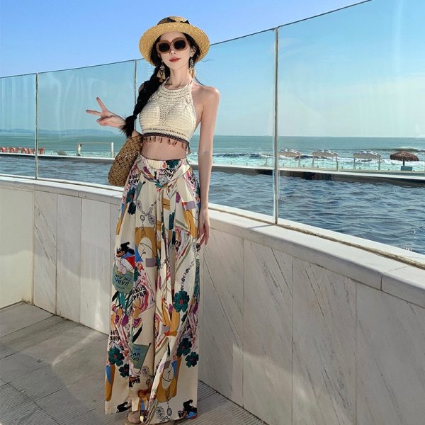High-Waisted Split Wide-Leg Beach Pants for Women - Lightweight Sun-Protective Chiffon Vacation Trousers, Loose Draped Style