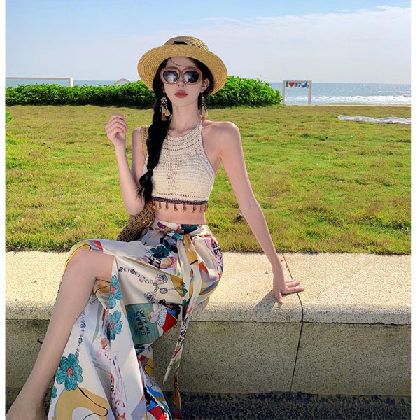 High-Waisted Split Wide-Leg Beach Pants for Women - Lightweight Sun-Protective Chiffon Vacation Trousers, Loose Draped Style