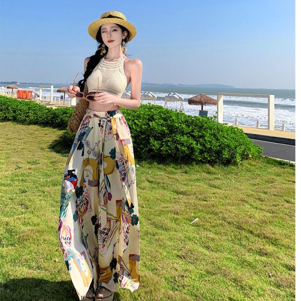 High-Waisted Split Wide-Leg Beach Pants for Women - Lightweight Sun-Protective Chiffon Vacation Trousers, Loose Draped Style