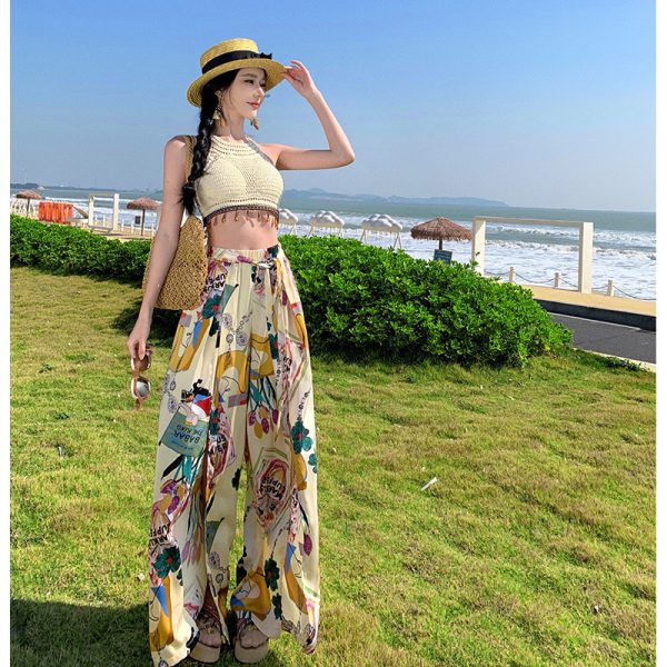 High-Waisted Split Wide-Leg Beach Pants for Women - Lightweight Sun-Protective Chiffon Vacation Trousers, Loose Draped Style