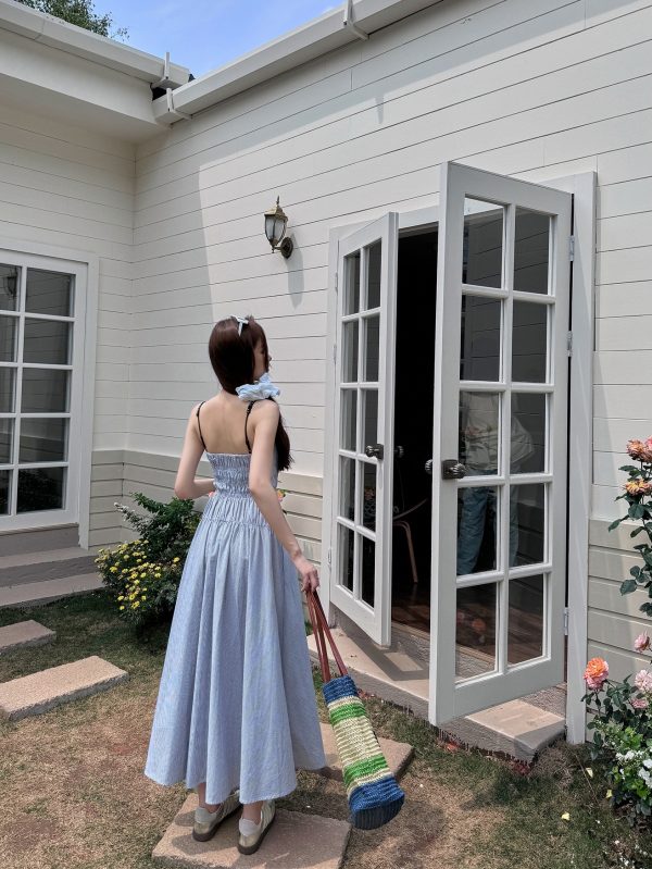 High-Waisted Striped Summer Dress with Spaghetti Straps - Casual Fairy-Like Slim Fit Long Dress in Light Fabric Fashion