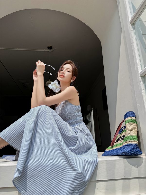 High-Waisted Striped Summer Dress with Spaghetti Straps - Casual Fairy-Like Slim Fit Long Dress in Light Fabric Fashion