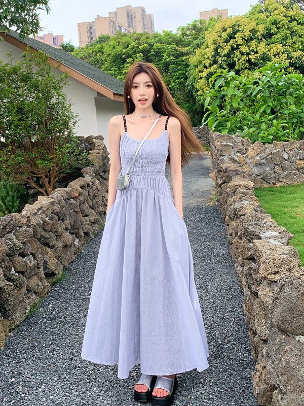 High-Waisted Striped Summer Dress with Spaghetti Straps - Casual Fairy-Like Slim Fit Long Dress in Light Fabric Fashion