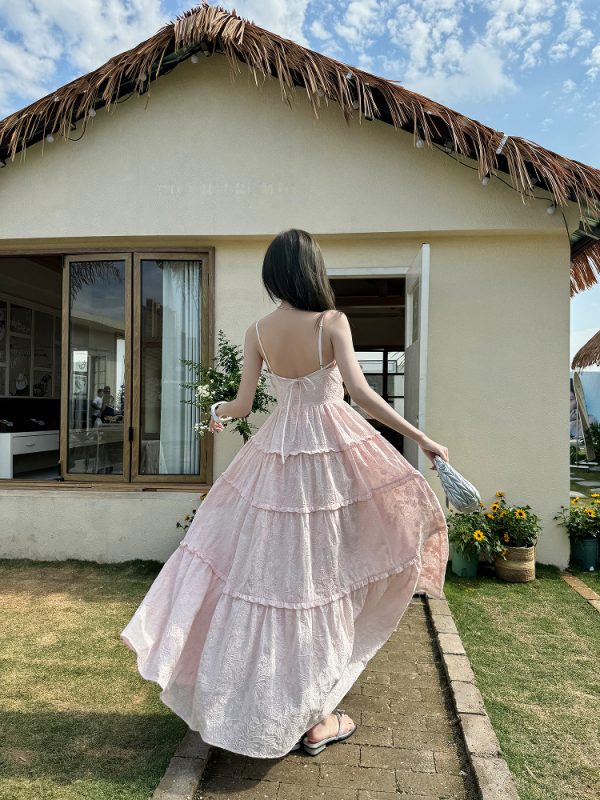 High-Waisted V-Neck Camisole Dress in Light Cotton with Heavy Embroidery and Flowy Skirt for Summer Vacation - Trendy and Chic