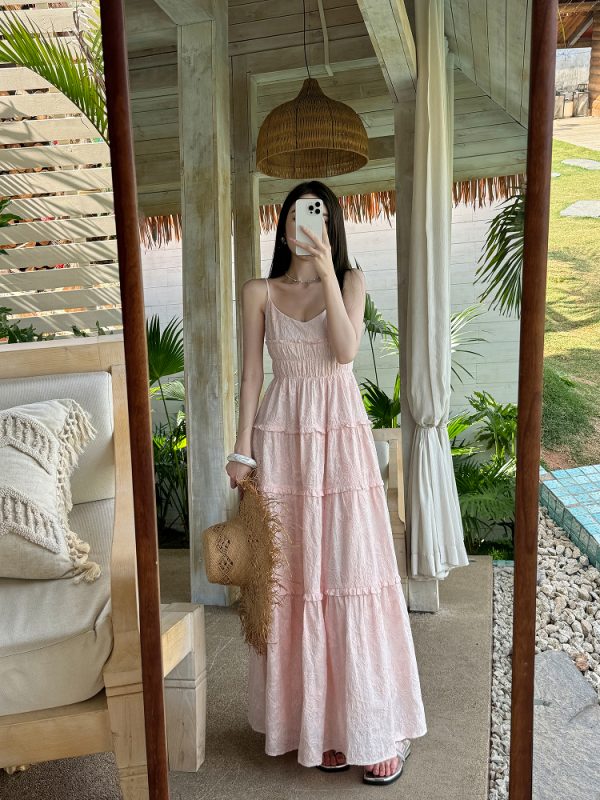 High-Waisted V-Neck Camisole Dress in Light Cotton with Heavy Embroidery and Flowy Skirt for Summer Vacation - Trendy and Chic