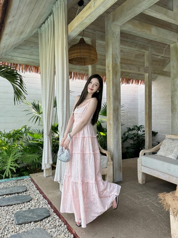 High-Waisted V-Neck Camisole Dress in Light Cotton with Heavy Embroidery and Flowy Skirt for Summer Vacation - Trendy and Chic