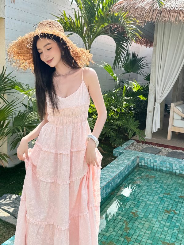High-Waisted V-Neck Camisole Dress in Light Cotton with Heavy Embroidery and Flowy Skirt for Summer Vacation - Trendy and Chic