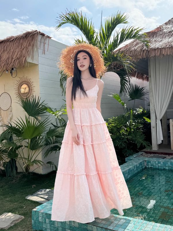 High-Waisted V-Neck Camisole Dress in Light Cotton with Heavy Embroidery and Flowy Skirt for Summer Vacation - Trendy and Chic