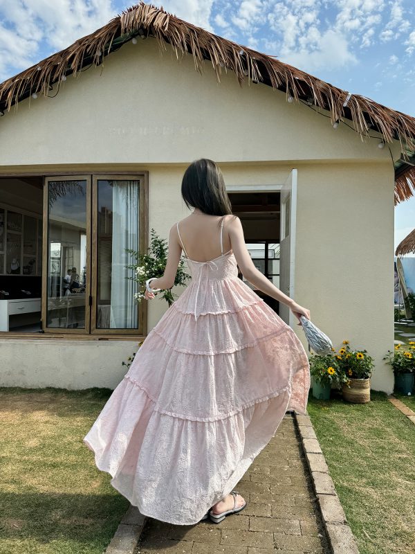 High-Waisted V-Neck Camisole Dress in Light Cotton with Heavy Embroidery and Flowy Skirt for Summer Vacation - Trendy and Chic