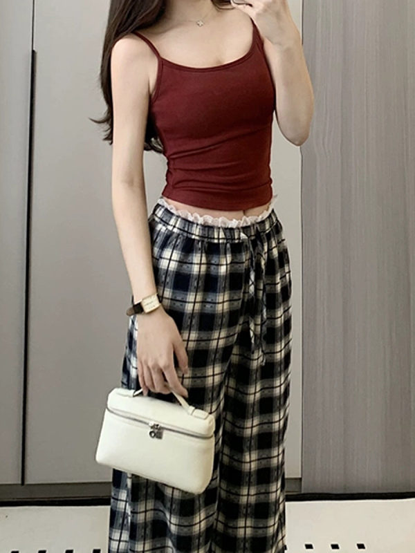 High-Waisted Vintage Plaid Casual Pants with Drawstring - American Style Slim-Fit Wide-Leg Design