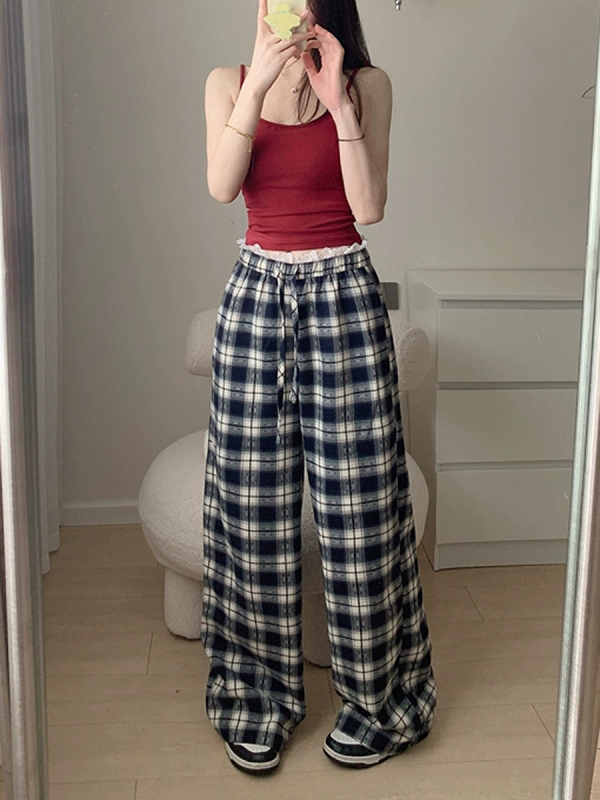 High-Waisted Vintage Plaid Casual Pants with Drawstring - American Style Slim-Fit Wide-Leg Design