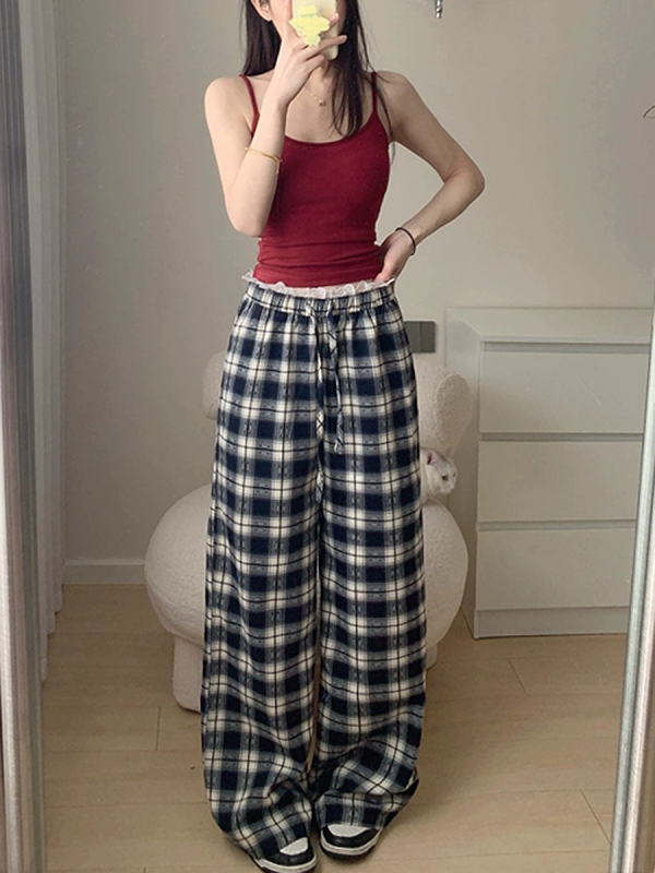 High-Waisted Vintage Plaid Casual Pants with Drawstring - American Style Slim-Fit Wide-Leg Design