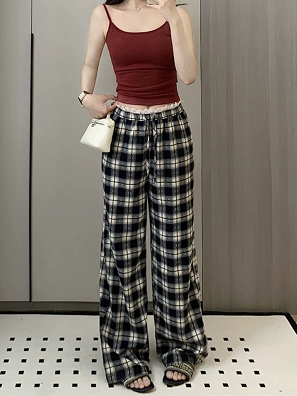 High-Waisted Vintage Plaid Casual Pants with Drawstring - American Style Slim-Fit Wide-Leg Design