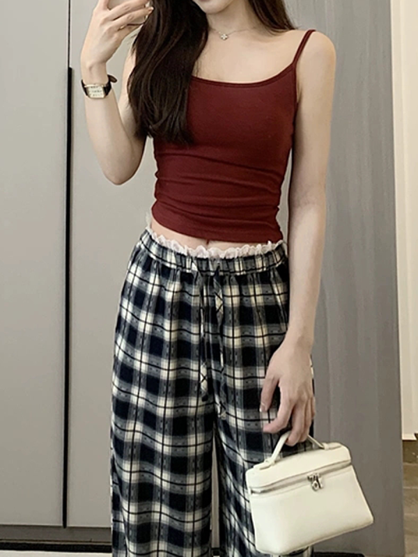 High-Waisted Vintage Plaid Casual Pants with Drawstring - American Style Slim-Fit Wide-Leg Design