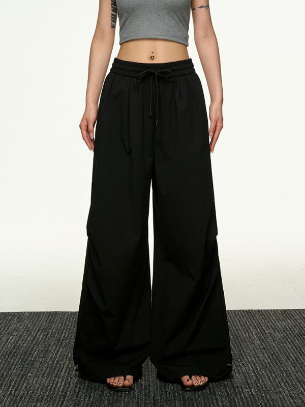 High-Waisted Vintage Pleated Cargo Pants for Women - Summer Loose Straight Wide-Leg Trousers, American-Style Floor-Length Fashion