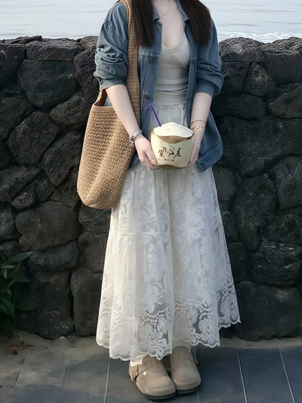 High-Waisted White Lace Tulle Half-Length Skirt for Women, Slimming A-Line Design, Summer 2025 Fashion, Perfect for Effortless Style