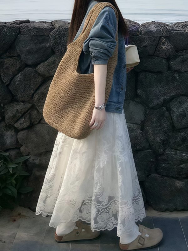 High-Waisted White Lace Tulle Half-Length Skirt for Women, Slimming A-Line Design, Summer 2025 Fashion, Perfect for Effortless Style