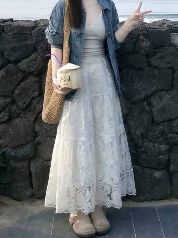 High-Waisted White Lace Tulle Half-Length Skirt for Women, Slimming A-Line Design, Summer 2025 Fashion, Perfect for Effortless Style