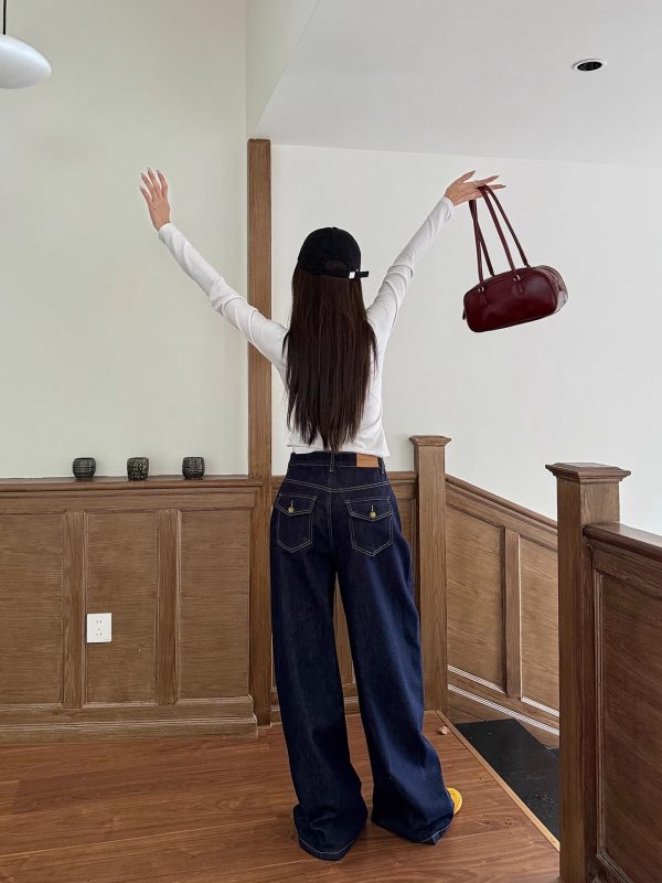 High-Waisted Wide-Leg Jeans for Women - Light Fabric, Deep Blue, Retro American Style, Casual Spring Fashion