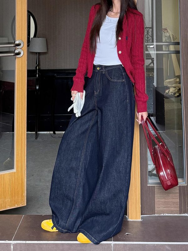 High-Waisted Wide-Leg Jeans for Women - Light Fabric, Deep Blue, Retro American Style, Casual Spring Fashion