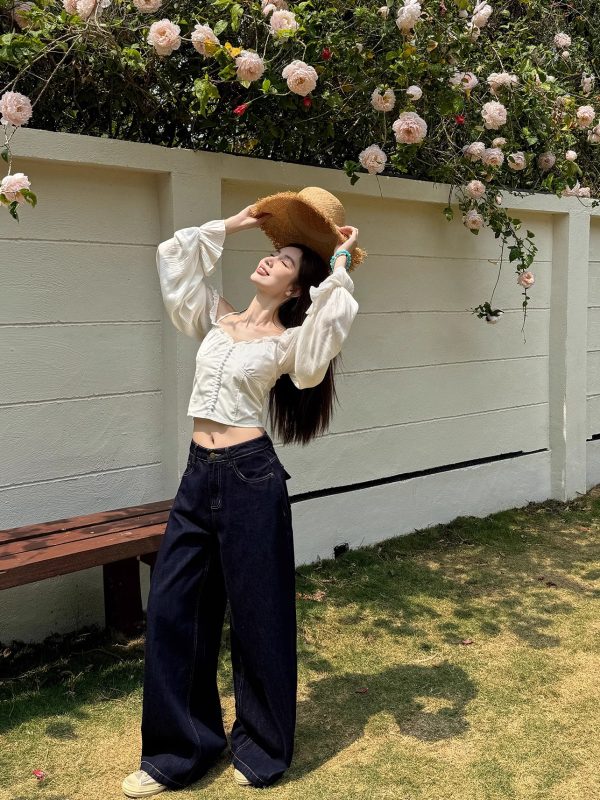 High-Waisted Wide-Leg Jeans for Women - Light Fabric, Deep Blue, Retro American Style, Casual Spring Fashion
