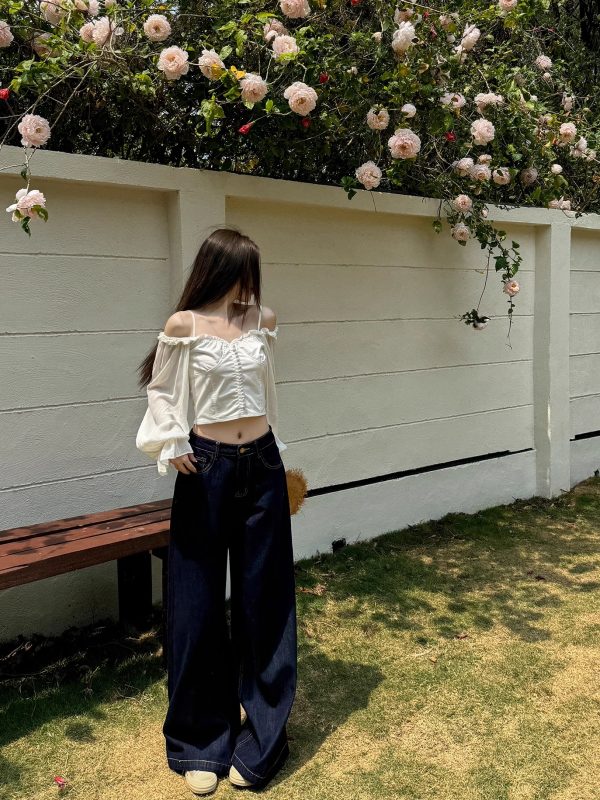 High-Waisted Wide-Leg Jeans for Women - Light Fabric, Deep Blue, Retro American Style, Casual Spring Fashion