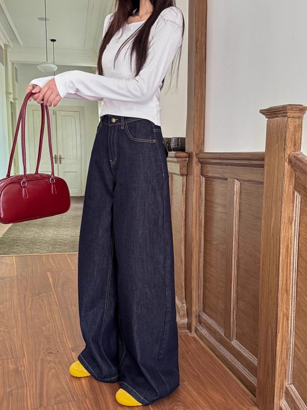 High-Waisted Wide-Leg Jeans for Women - Light Fabric, Deep Blue, Retro American Style, Casual Spring Fashion