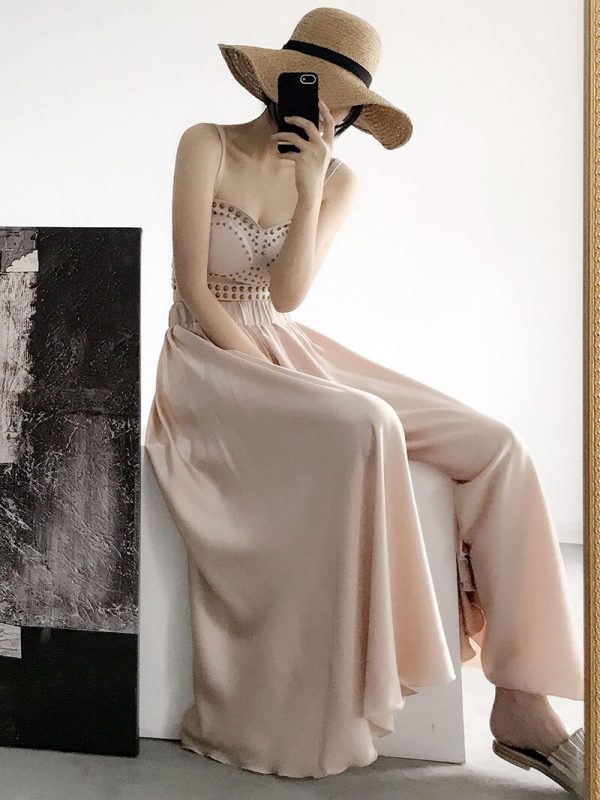 High-Waisted Wide-Leg Satin Casual Pants for Women - Elastic Waist, Vacation Chiffon Beach Style Trousers, Perfect for Summer Outfits
