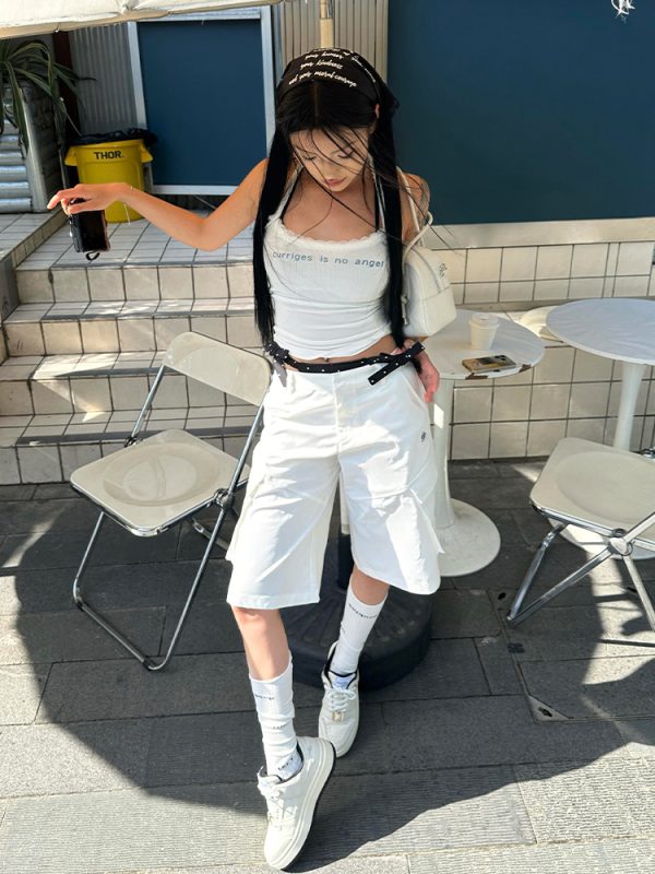 High-Waisted Women's Cargo Shorts - American Style Streetwear, Loose Casual Five-Point Summer Pants, Trendy White Straight-Leg Design