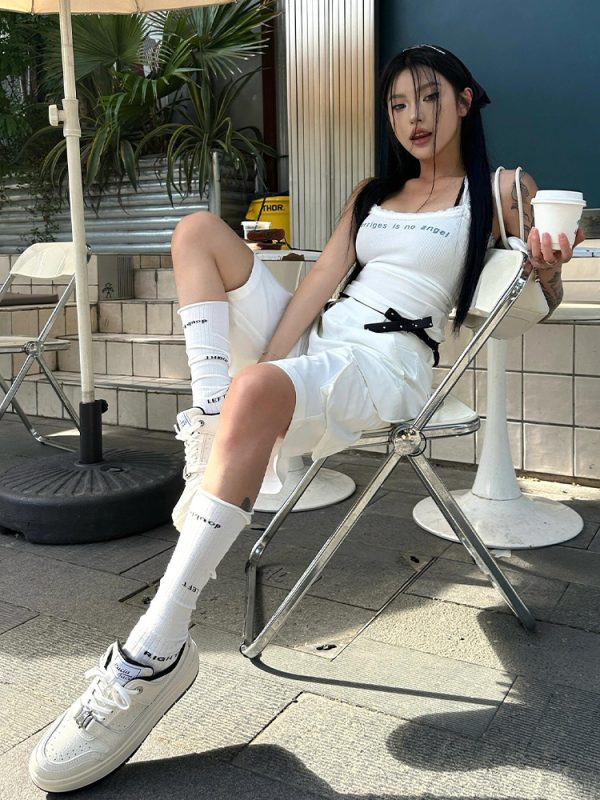 High-Waisted Women's Cargo Shorts - American Style Streetwear, Loose Casual Five-Point Summer Pants, Trendy White Straight-Leg Design