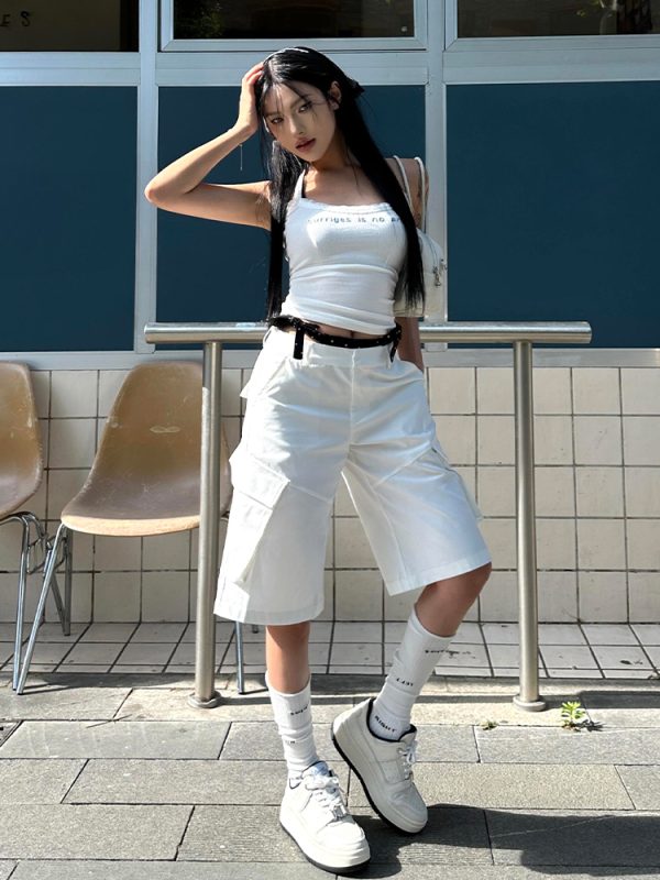 High-Waisted Women's Cargo Shorts - American Style Streetwear, Loose Casual Five-Point Summer Pants, Trendy White Straight-Leg Design