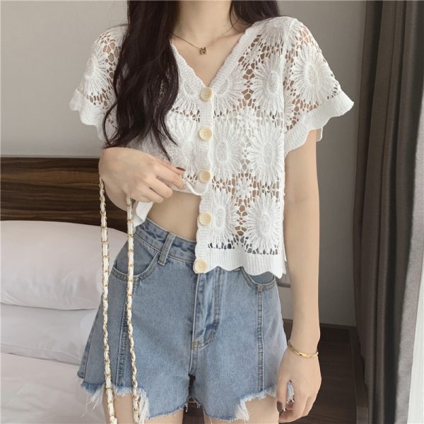 Hollow-Out Hook Flower Short Sleeve Cardigan - Women's Knitted Summer Cover-Up Top in Korean Style, Versatile and Lightweight