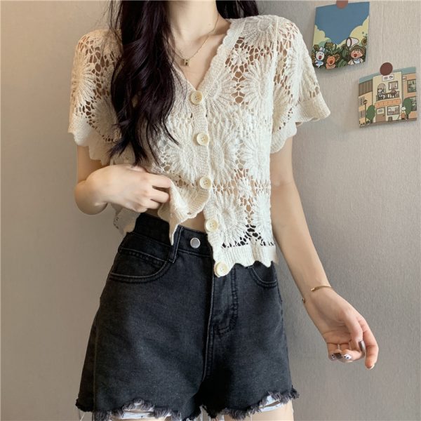 Hollow-Out Hook Flower Short Sleeve Cardigan - Women's Knitted Summer Cover-Up Top in Korean Style, Versatile and Lightweight