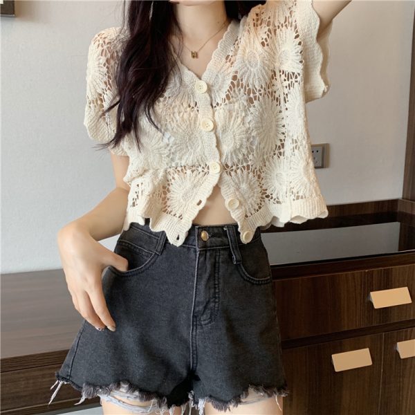 Hollow-Out Hook Flower Short Sleeve Cardigan - Women's Knitted Summer Cover-Up Top in Korean Style, Versatile and Lightweight