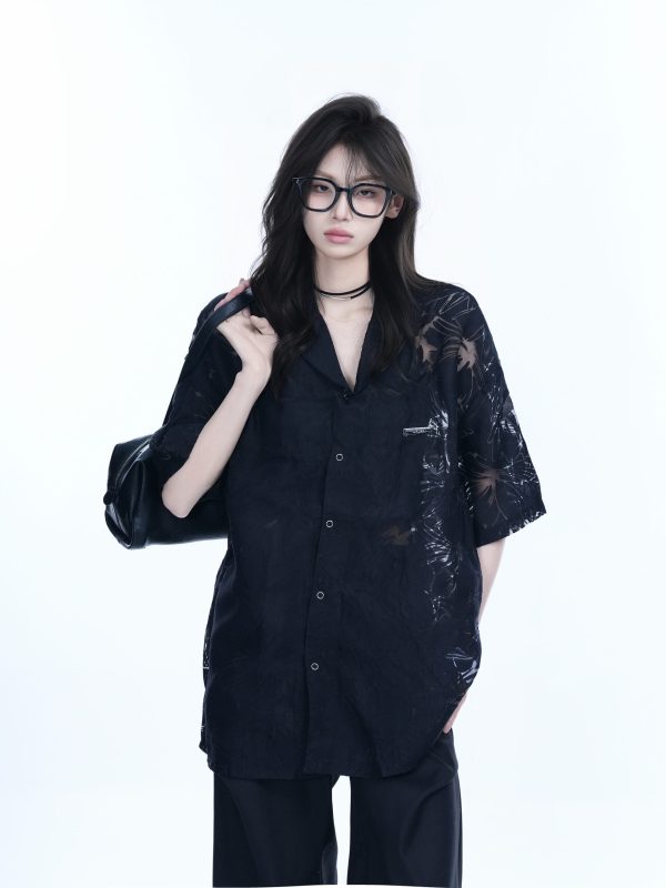 Hollow Semi-Transparent Short Sleeve Shirt for Women - National Trend Lightweight Loose Blouse for Summer, Y2K Style