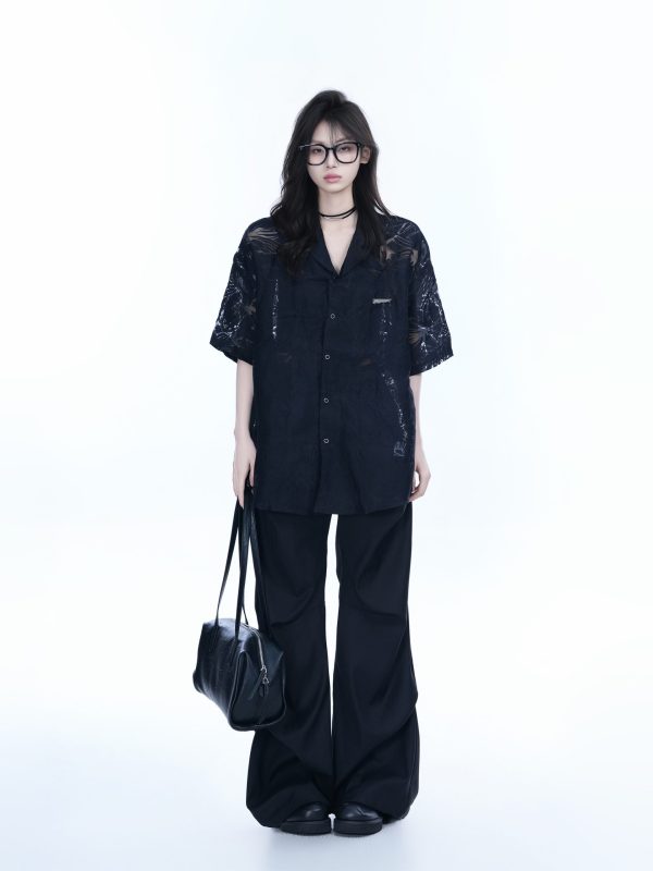 Hollow Semi-Transparent Short Sleeve Shirt for Women - National Trend Lightweight Loose Blouse for Summer, Y2K Style