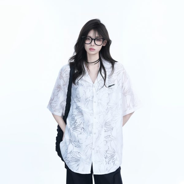 Hollow Semi-Transparent Short Sleeve Shirt for Women - National Trend Lightweight Loose Blouse for Summer, Y2K Style