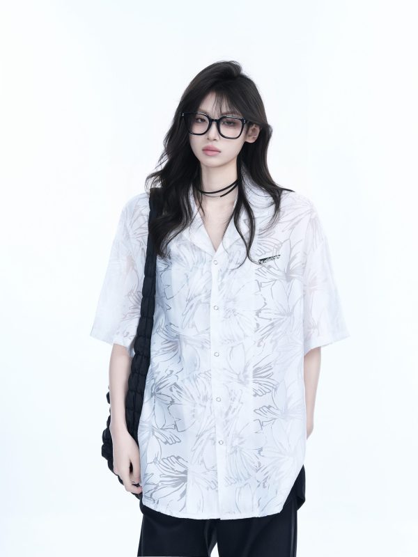 Hollow Semi-Transparent Short Sleeve Shirt for Women - National Trend Lightweight Loose Blouse for Summer, Y2K Style