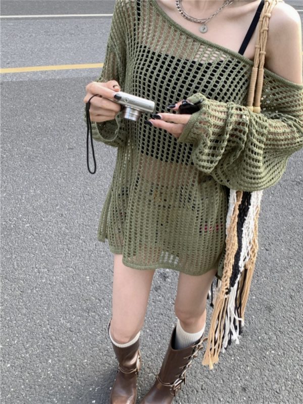 Hollowed-Out Off-Shoulder Knitted Top for Women - Loose Casual Long Sleeve Beach Vacation Cover-Up, Perfect for Y2K Style