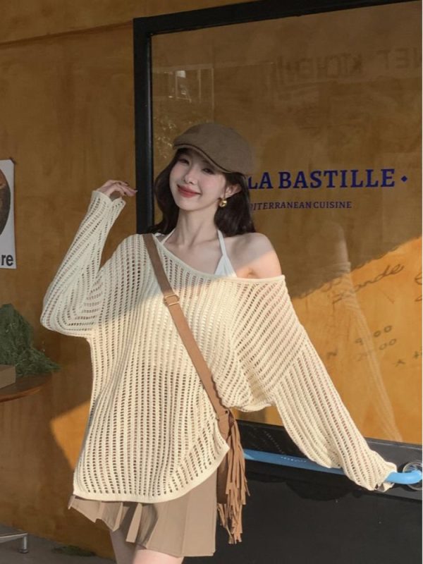Hollowed-Out Off-Shoulder Knitted Top for Women - Loose Casual Long Sleeve Beach Vacation Cover-Up, Perfect for Y2K Style
