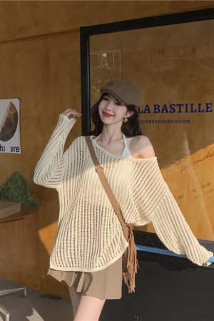 Hollowed-Out Off-Shoulder Knitted Top for Women - Loose Casual Long Sleeve Beach Vacation Cover-Up, Perfect for Y2K Style