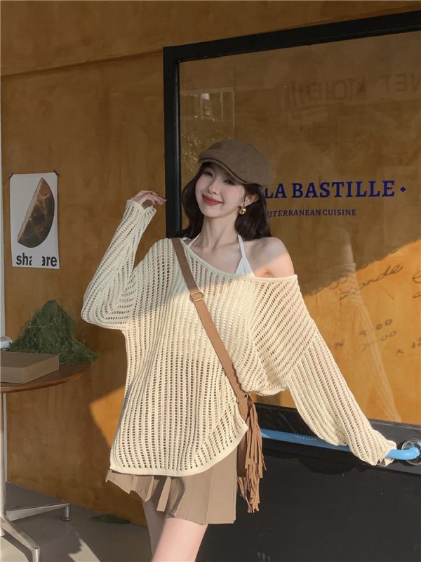 Hollowed-Out Off-Shoulder Knitted Top for Women - Loose Casual Long Sleeve Beach Vacation Cover-Up, Perfect for Y2K Style