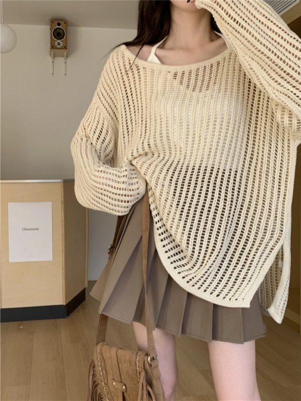 Hollowed-Out Off-Shoulder Knitted Top for Women - Loose Casual Long Sleeve Beach Vacation Cover-Up, Perfect for Y2K Style