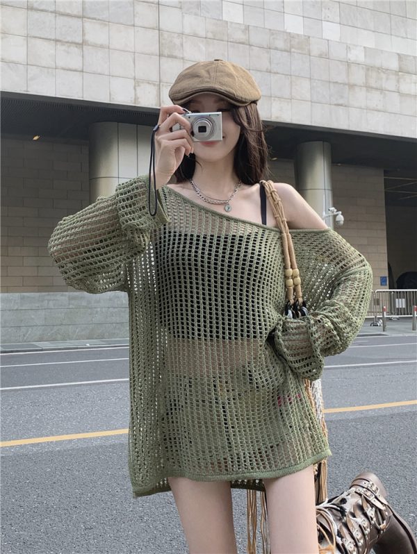 Hollowed-Out Off-Shoulder Knitted Top for Women - Loose Casual Long Sleeve Beach Vacation Cover-Up, Perfect for Y2K Style