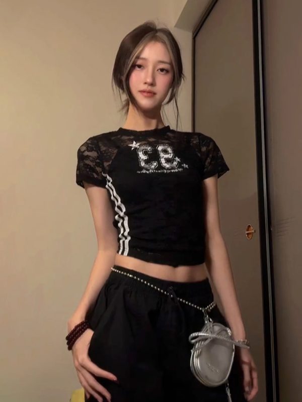 Hollowed-Out Spicy Girl Short Sleeve Digital Print Jersey T-Shirt - Slim Fit Summer Style Y2K Fashion Top