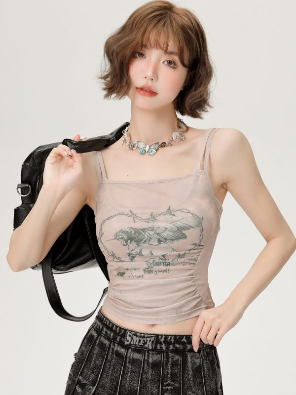 Hot Girl Mesh Camisole - Women's Slimming Summer Top, Fake Two-Piece Style, Trendy 90s-Inspired Fashion