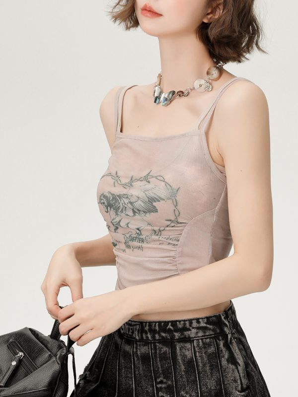 Hot Girl Mesh Camisole - Women's Slimming Summer Top, Fake Two-Piece Style, Trendy 90s-Inspired Fashion